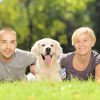 Smiling young couple lying on a grass and hugging a dog in a par